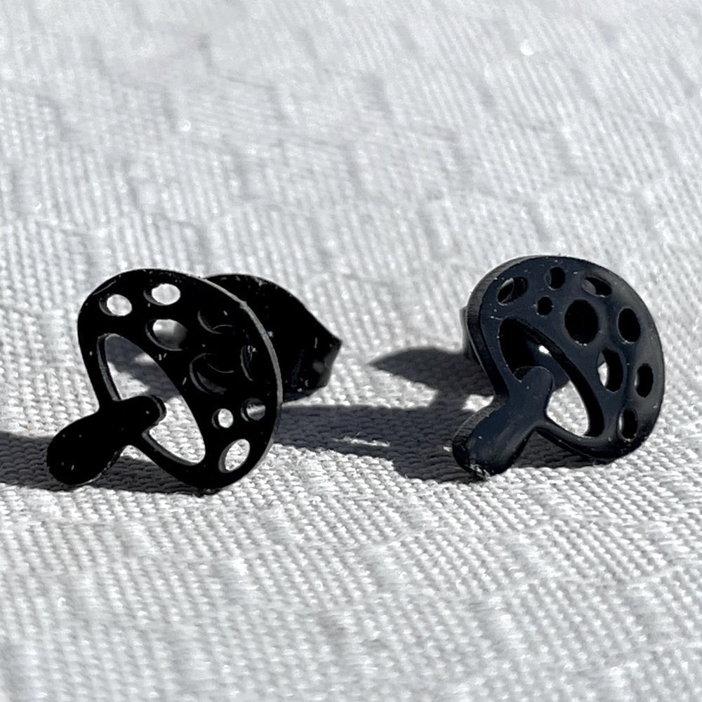 Black mushroom stud metal earrings small cute girls kids adult cottagecore gift